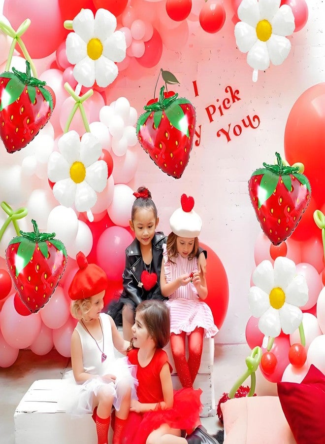 YOUDICT 8 PCS Strawberry Balloons Daisy Balloons, Red Berry Foil Balloons for Strawberry Themed Birthday Party Decorations Berry First Birthday Decorations - Image 3